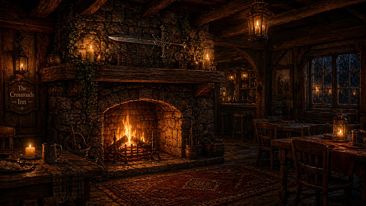 A roaring fireplace in a stone inn — warm golden light, worn wooden beams, the smell of soup and old books