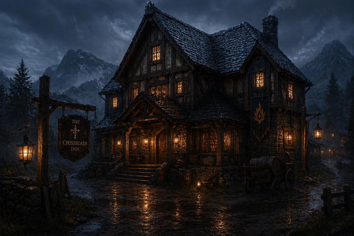 The Crossroads Inn at dusk — stone walls, warm windows, a wooden sign creaking in the wind
