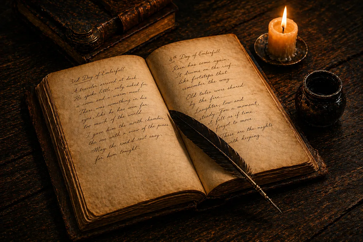 An open leather journal on a candlelit desk — ink-stained pages filled with travelers' stories